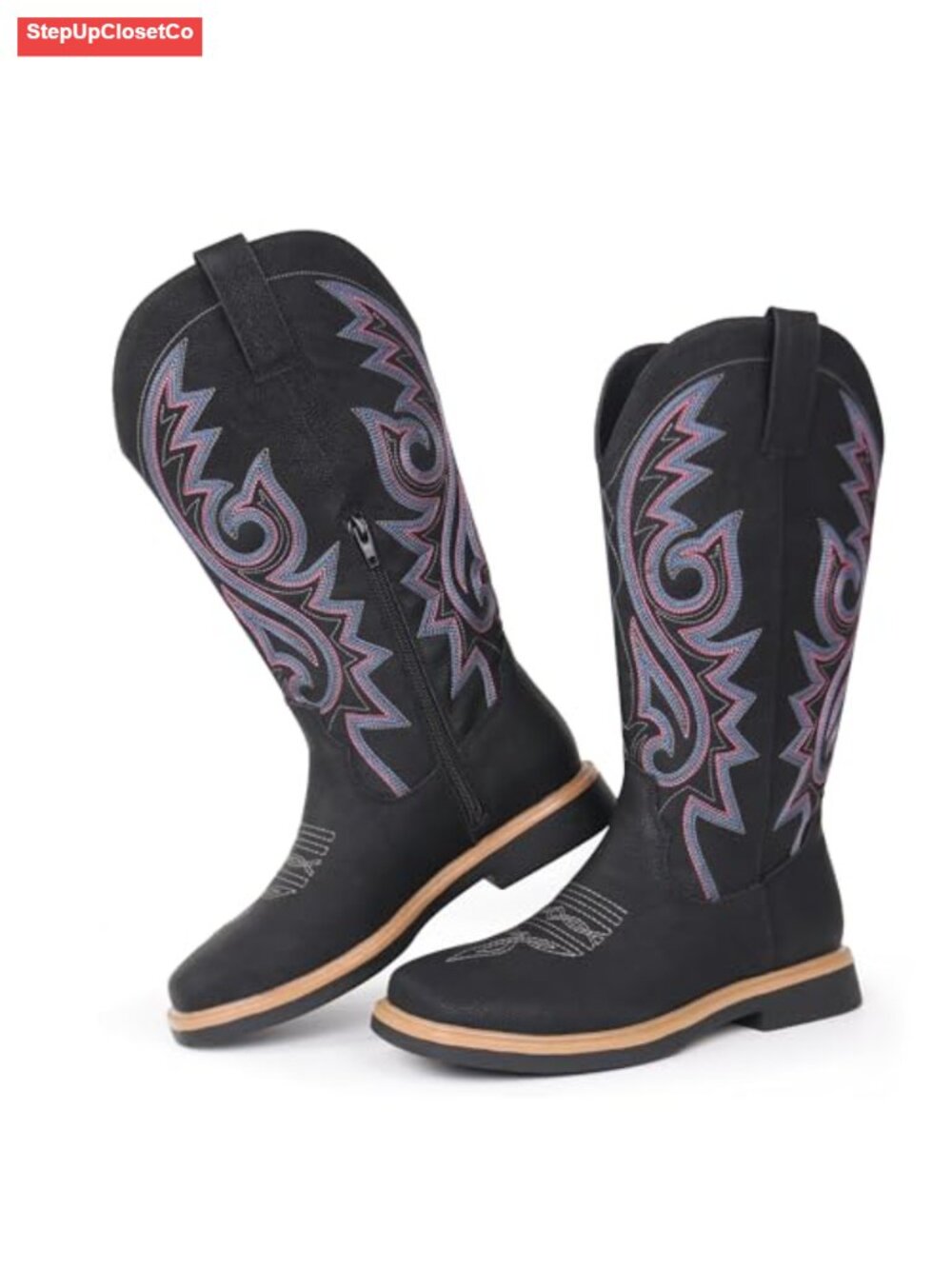 Women's Square Toe Embroidered Western Cowboy Boots Mid Calf Low Heel